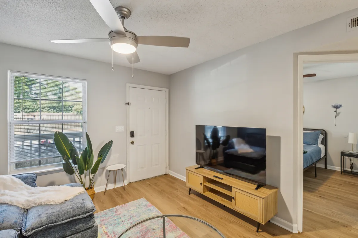 A comfortable living room with a soft sofa facing a television, complemented by a coffee table and a door in the background. The space is well-lit and inviting, ideal for movie nights, reading, or catching up with friends and family.